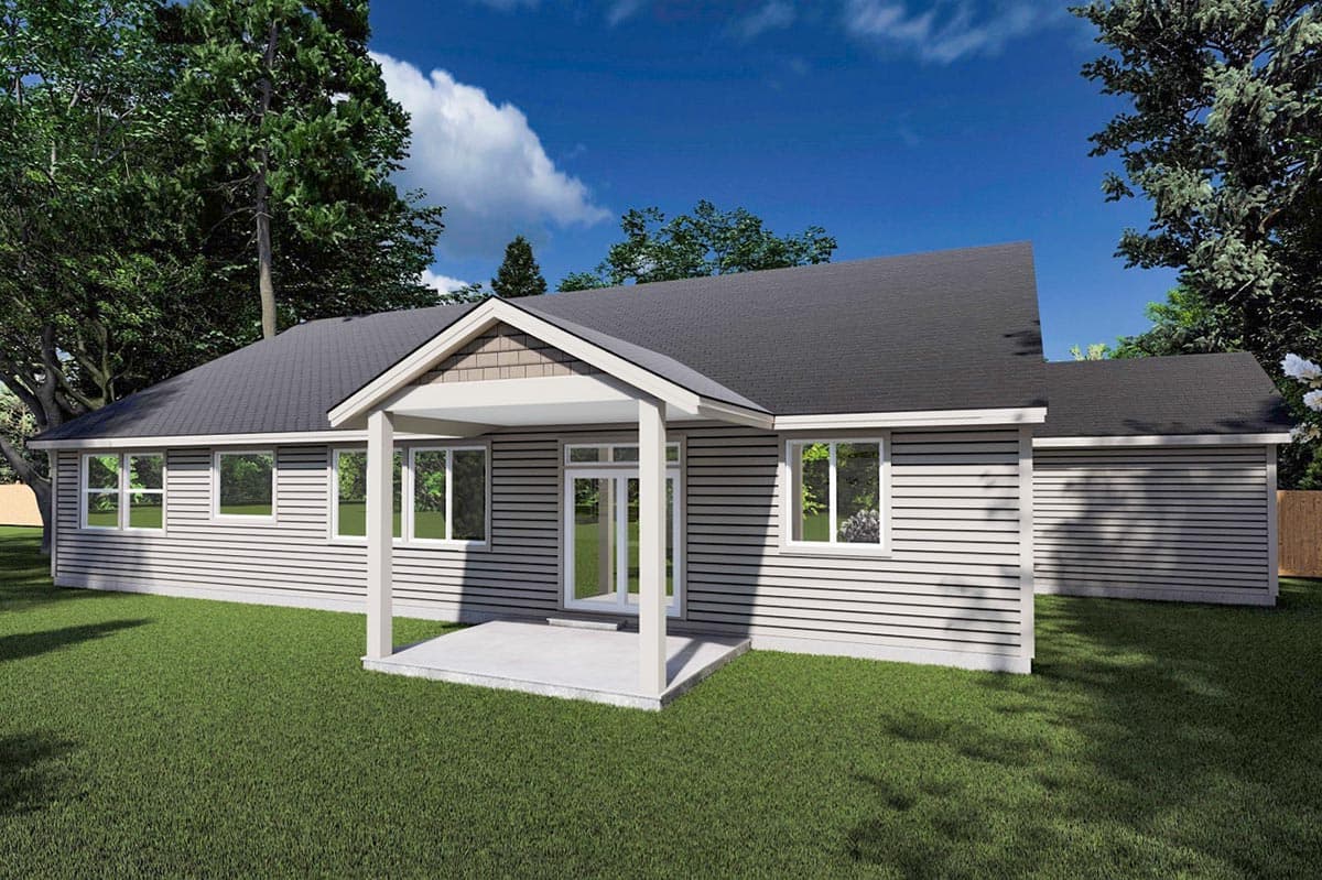 House plan exterior of a single-story ranch home with a covered entry, horizontal siding, and gable dormer detail.