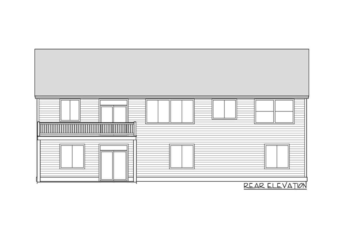 Rear elevation drawing of a two-story house plan featuring horizontal siding, a second-story balcony, and multiple windows.
