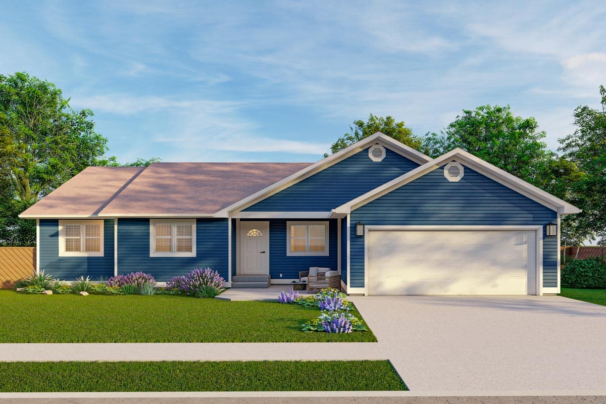 House plan exterior: Ranch-style home with gabled roof, attached garage, and a covered porch. Features include symmetrical windows and dormer.