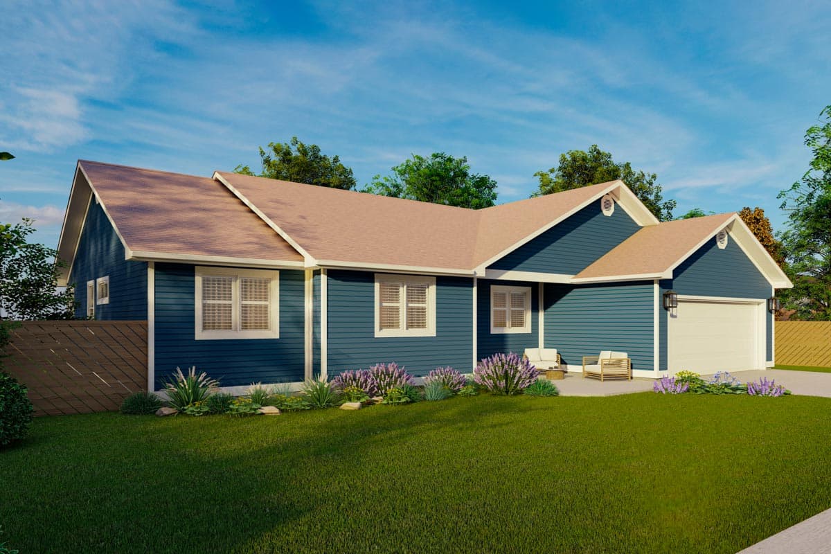 Ranch house plan exterior with blue siding, gable roof, and attached two-car garage.