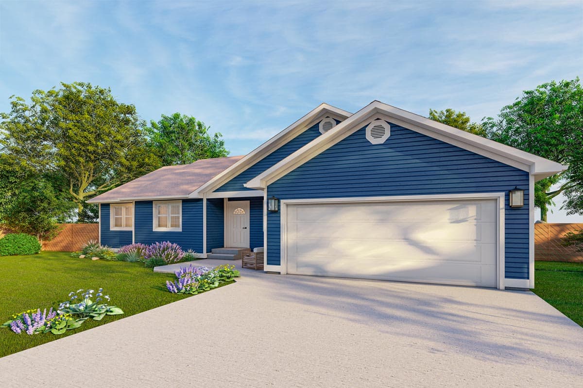 House plan exterior: Ranch style, single-story home with blue siding, a prominent garage door, and a covered front entrance.
