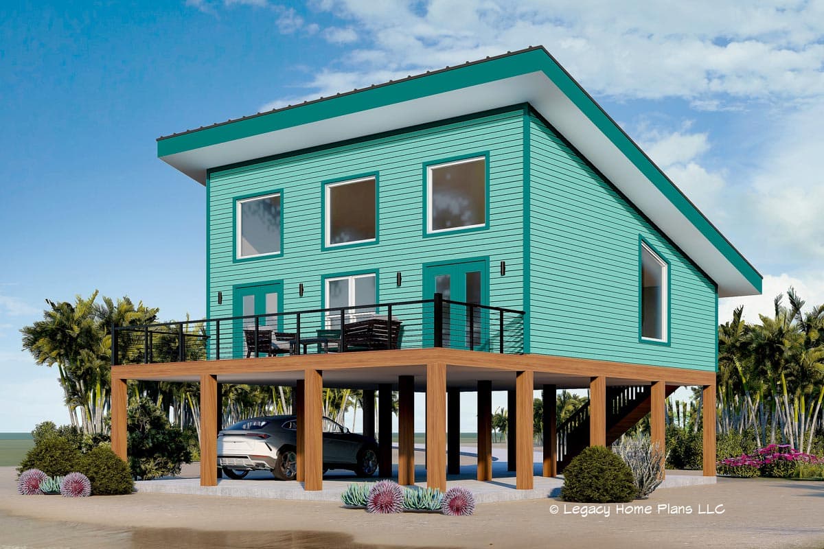 House plan exterior. Two-story Modern house with a carport, cantilevered balcony, and shed roof with a prominent overhang.