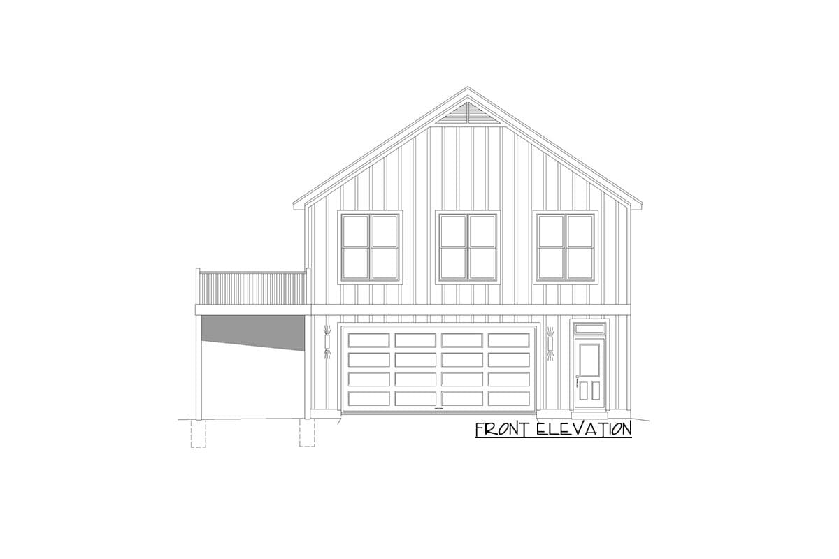 Front elevation drawing of a two-story house plan with vertical siding, gable vent, three upper windows, a deck, and a two-car garage.