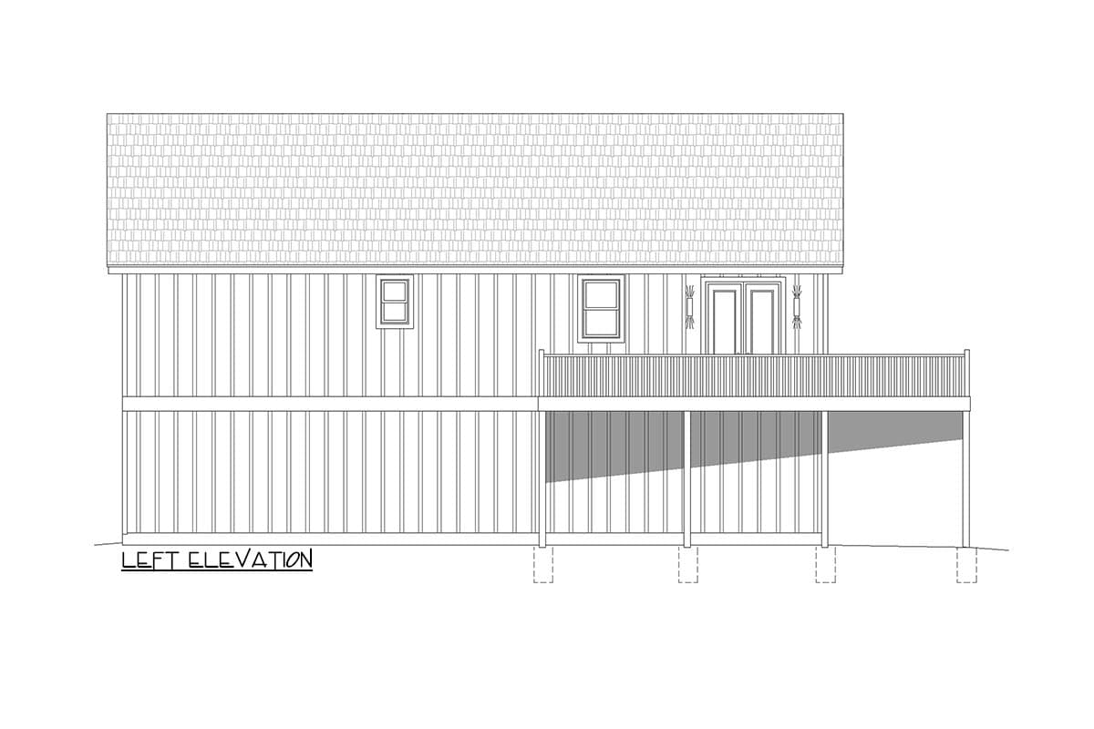 Left elevation drawing of a two-story house plan with vertical siding, two windows, double doors, and a deck.