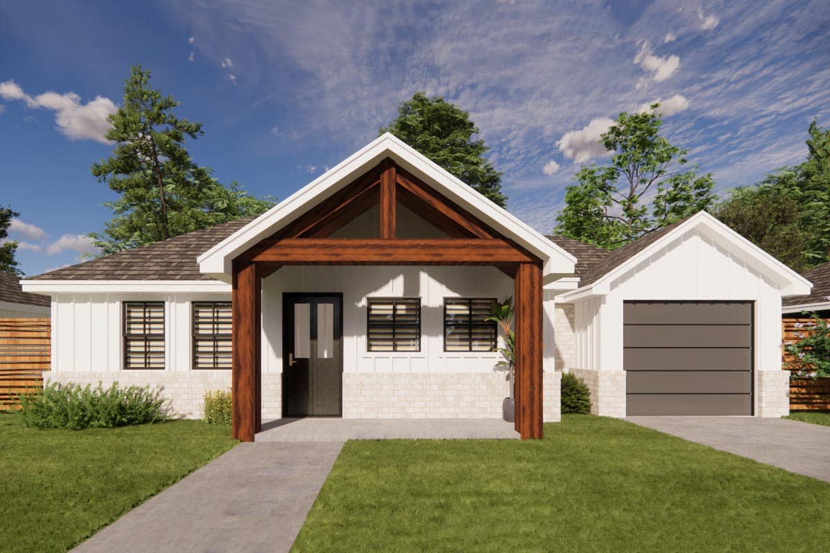 House plan exterior. Ranch style with a front porch, gable roof, and attached garage. Exterior features vertical siding and brick veneer.