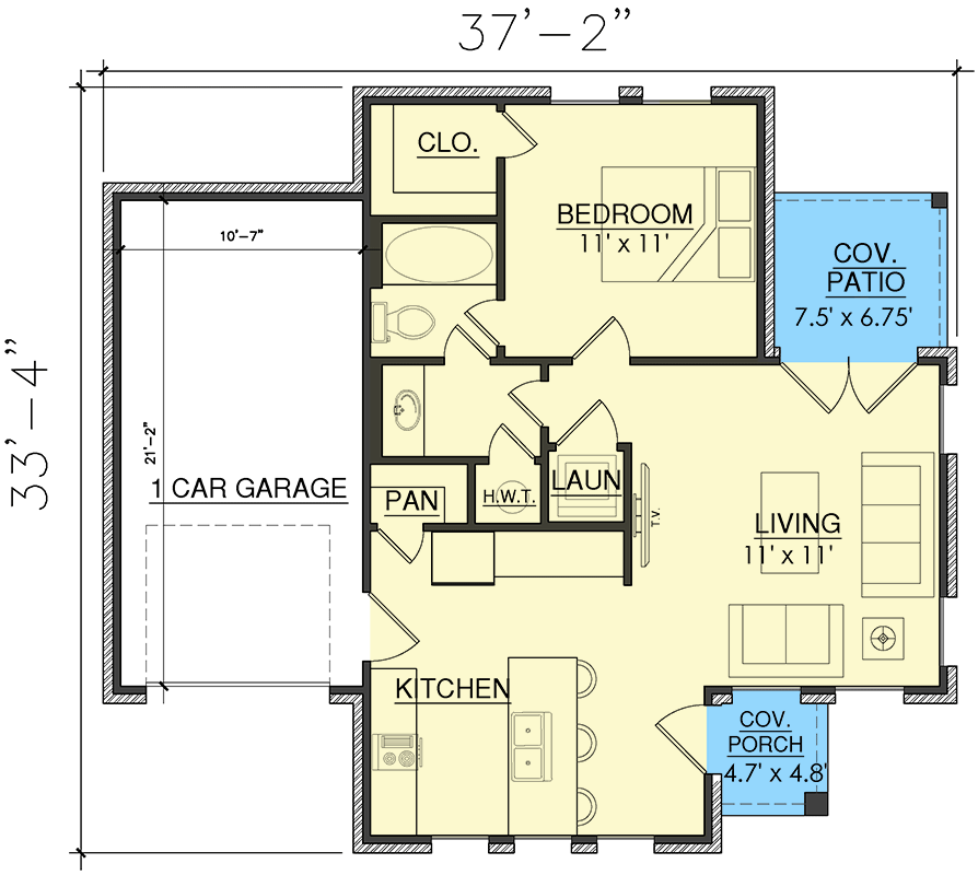 Plan 421533CHD: Transitional Cottage with 714 Square Feet of Living Space - Floor Plan - Main Level - Cottage, Transitional