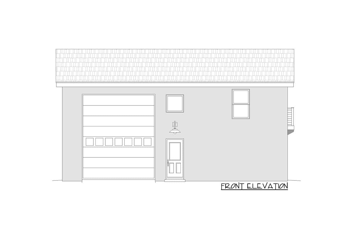 Front elevation drawing showing a garage door, a single entry door, and two windows.