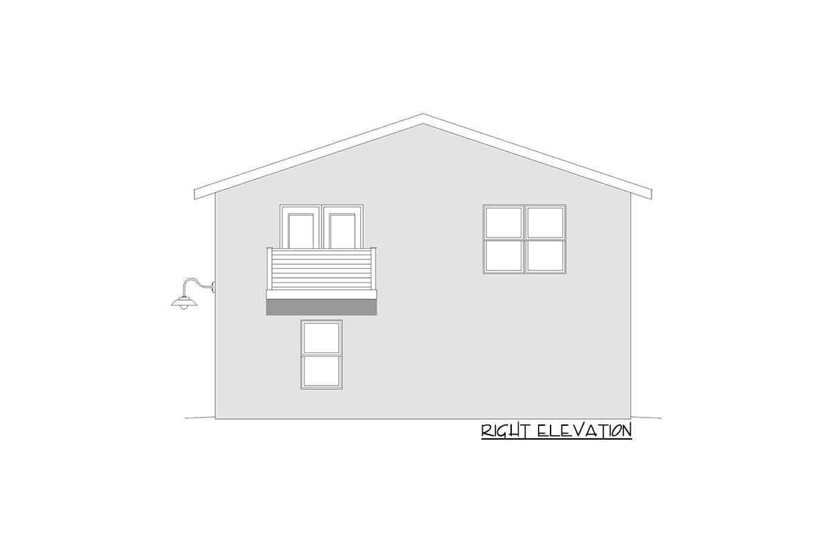 Right elevation drawing of a house plan showing a balcony and windows.