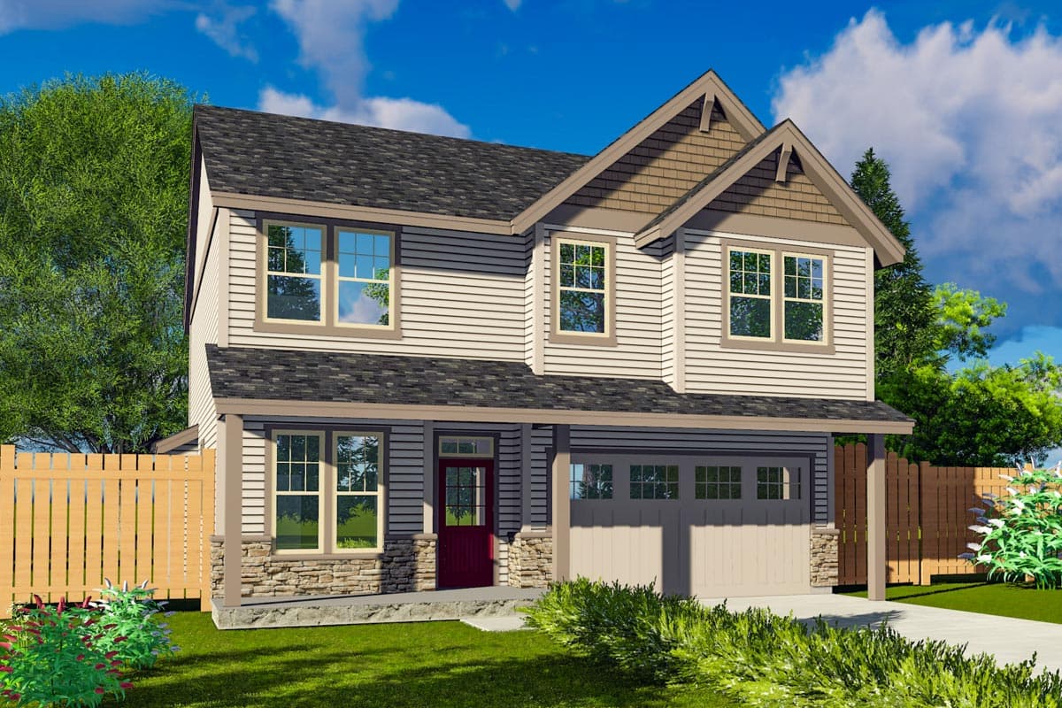 House plan exterior. Two-story Craftsman home with a front-facing garage, gabled roof, and covered front porch with stone accents.