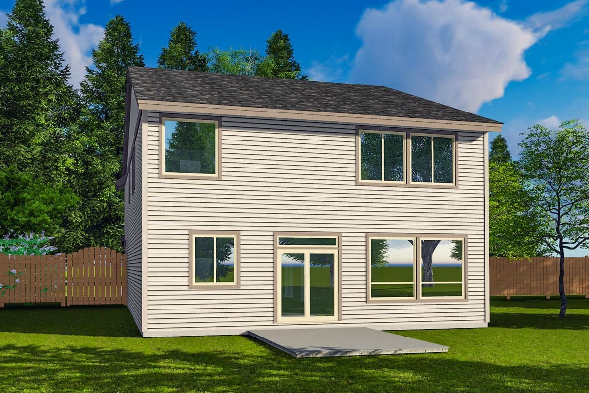 Two-story house plan exterior with horizontal siding, a gable roof, and multiple windows on both levels.