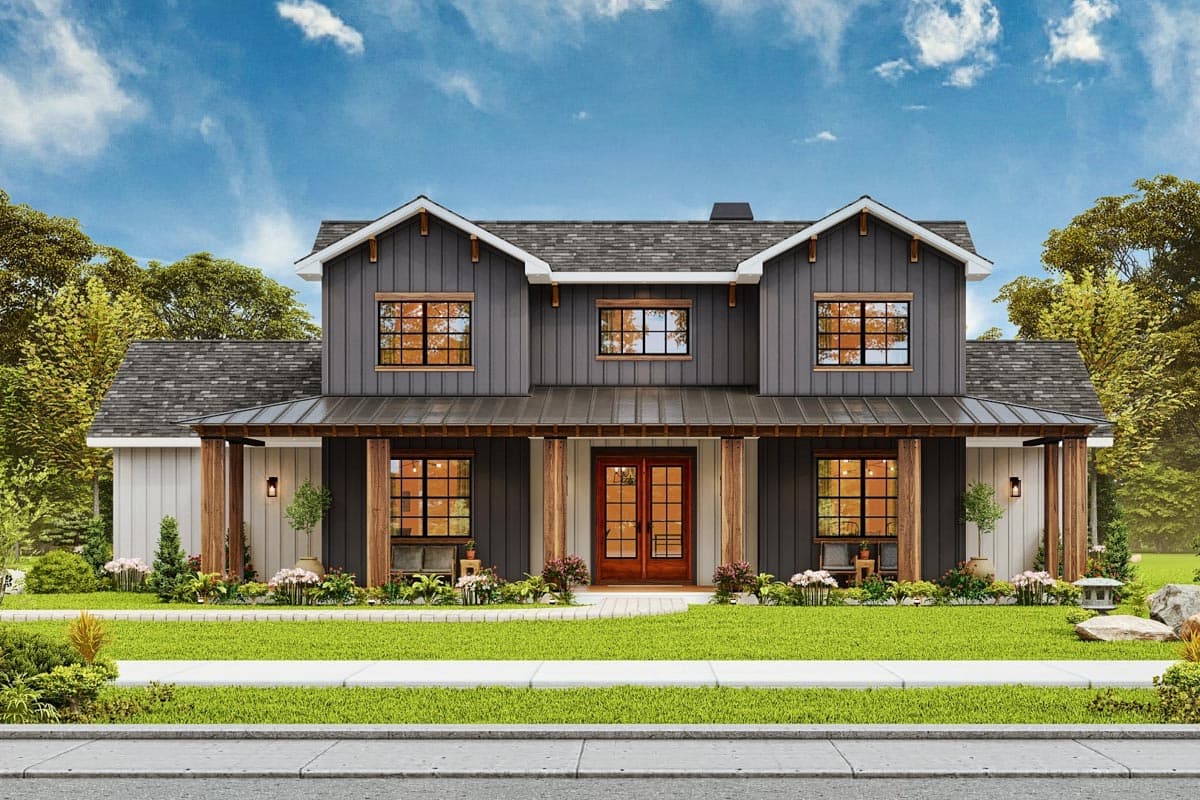 Modern Farmhouse house plan exterior, two stories, with a wide covered porch supported by timber posts and twin gables.