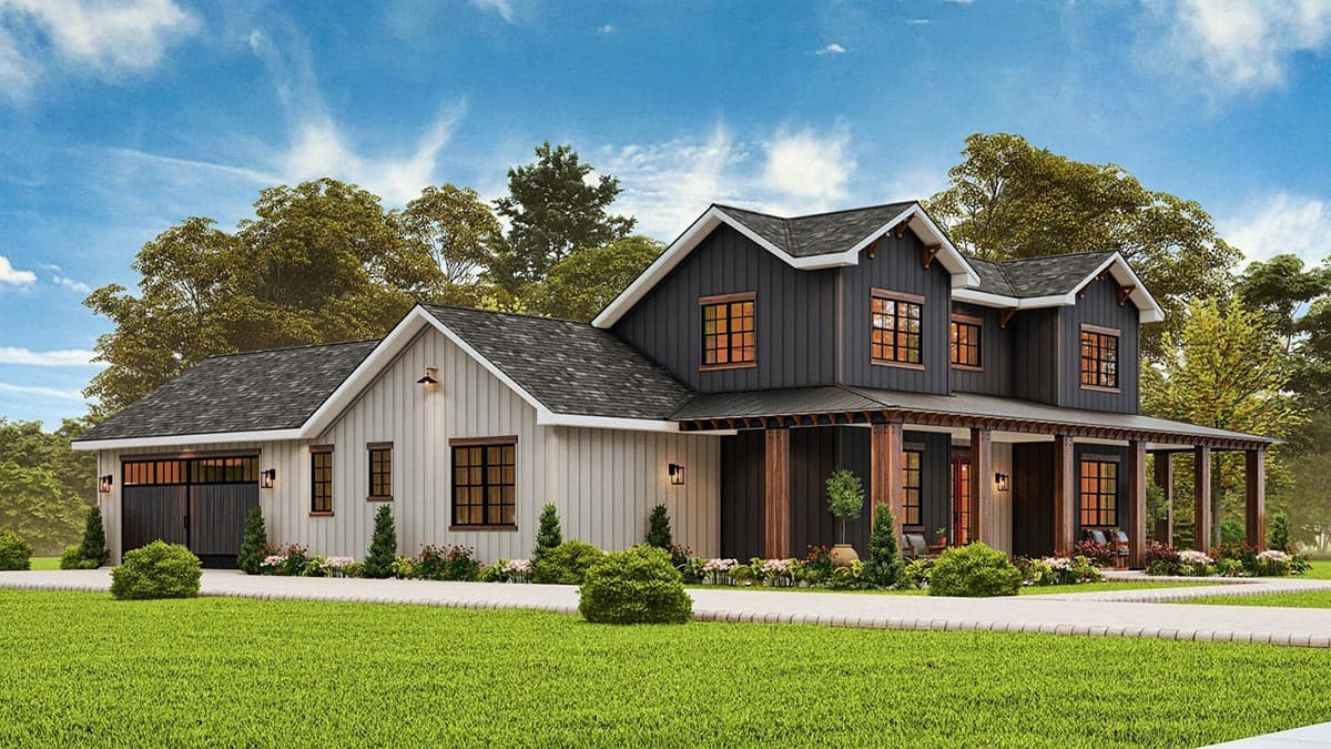 Modern Farmhouse house plan exterior with two stories, wrap-around porch, board and batten siding, and attached garage.