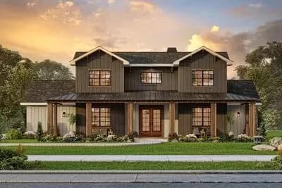 2459 Square Foot Rustic Farmhouse Plan with Home Office and Two Story Great Room