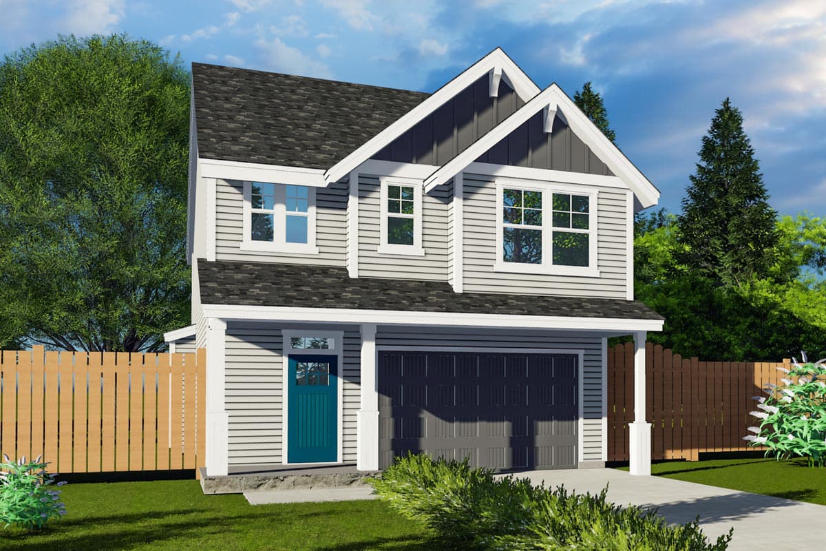 House plan exterior. Two-story Craftsman home with a gabled roof, dormers, and an attached garage. Features a covered front entry porch.