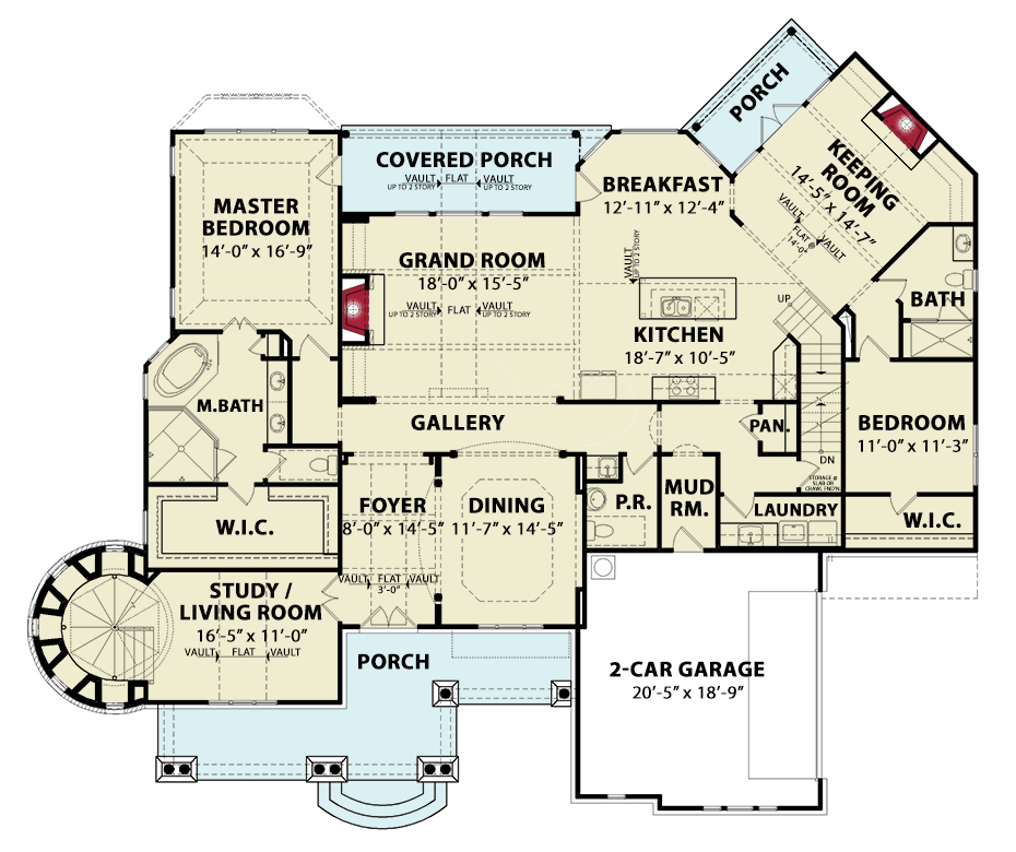 Plan 25810GE: Shingle Style Home Plan with Lighthouse and Upper Level Bonus Room - Floor Plan - Main Level - Beach, Coastal, Coastal Contemporary, Craftsman, New American, Shingle