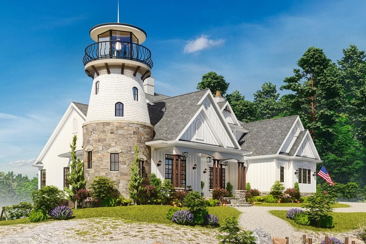 House plan exterior with lighthouse tower, stone base, white siding, gables, and covered porch with dark columns.