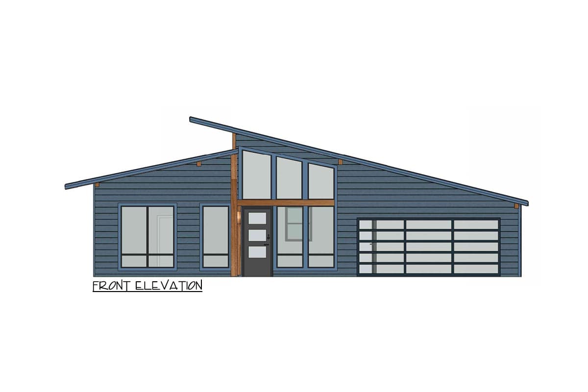 Front elevation of a single-story modern house plan with a low-pitched roof, large windows, and a two-car garage.
