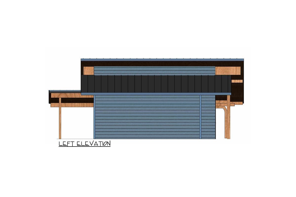 Left elevation of house plan showing horizontal siding, dark vertical siding, exposed wood framing, and a flat roof.