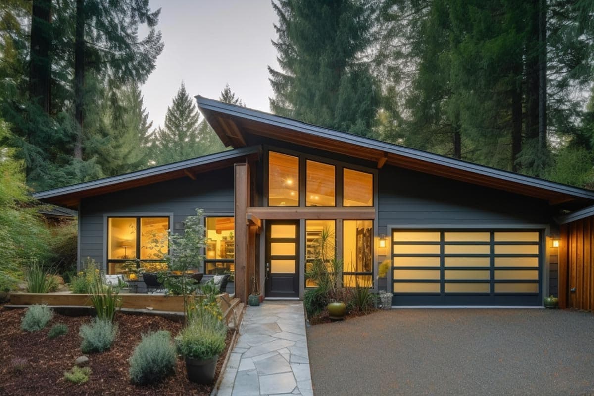 House plan exterior. Modern style, single-story house with a prominent roofline, large windows, and a glass-paneled garage door.