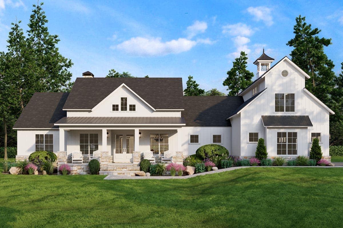 House plan exterior. Two-story Modern Farmhouse with a front porch, multiple gables, and a cupola. Features include vertical siding and dark roof.