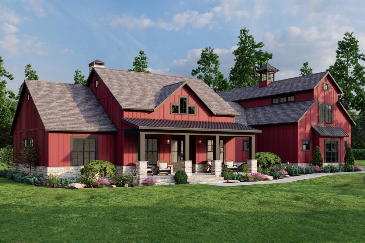 Modern farmhouse house plan exterior with red board-and-batten siding, stone foundation, gabled roofs, and covered front porch.