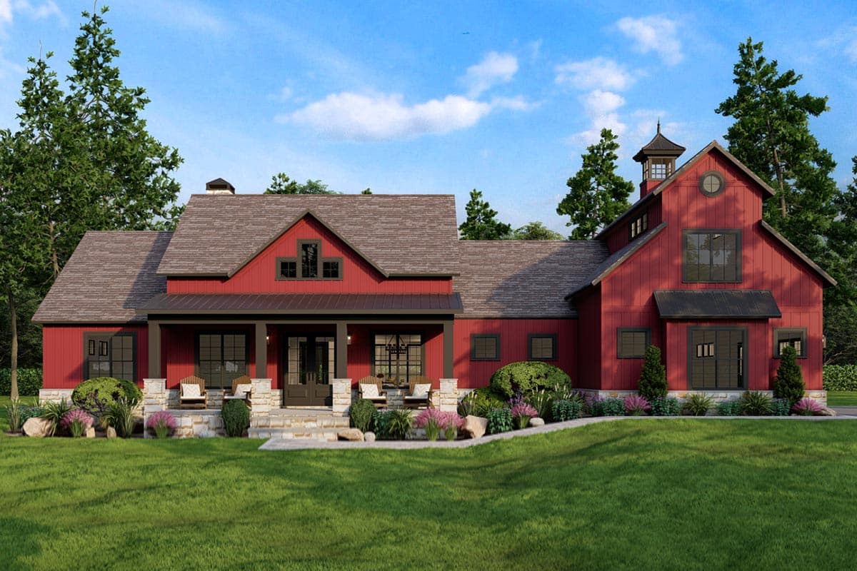 Modern Farmhouse style house plan exterior with a covered front porch, multiple gables, and a cupola.