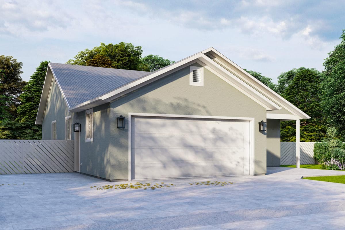 House plan exterior, one story, stucco finish, gable roofline, front-facing garage door, and covered side entrance.