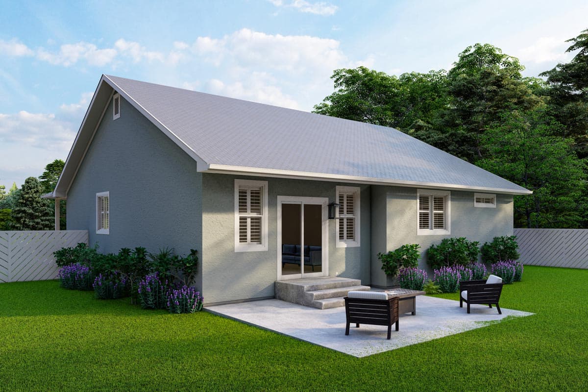 House plan exterior: one-story ranch with gable roof, stucco finish, central sliding glass doors, and shuttered windows.
