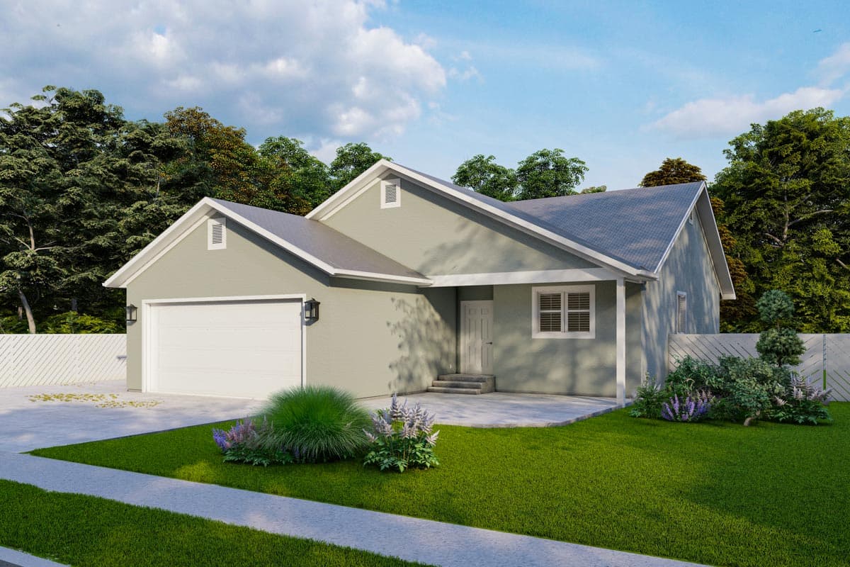 House plan exterior, single-story, with attached garage, gabled dormer, and simple rooflines.