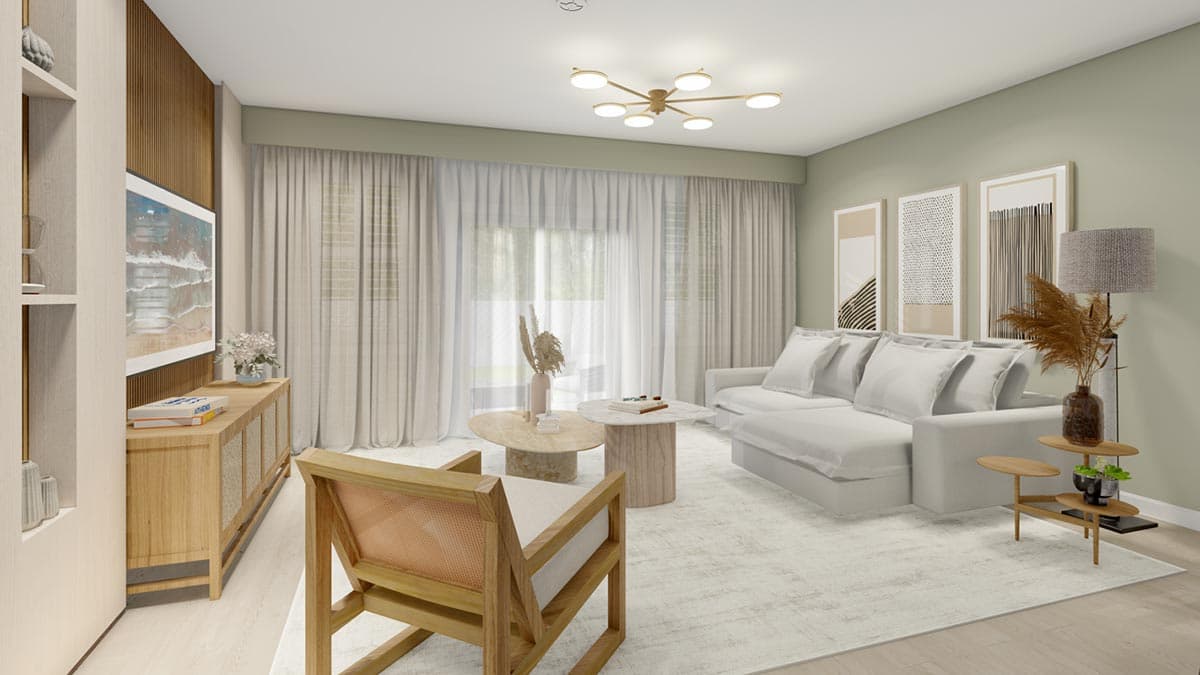 Living room with a white sectional sofa, wooden media console, and modern multi-bulb ceiling light.