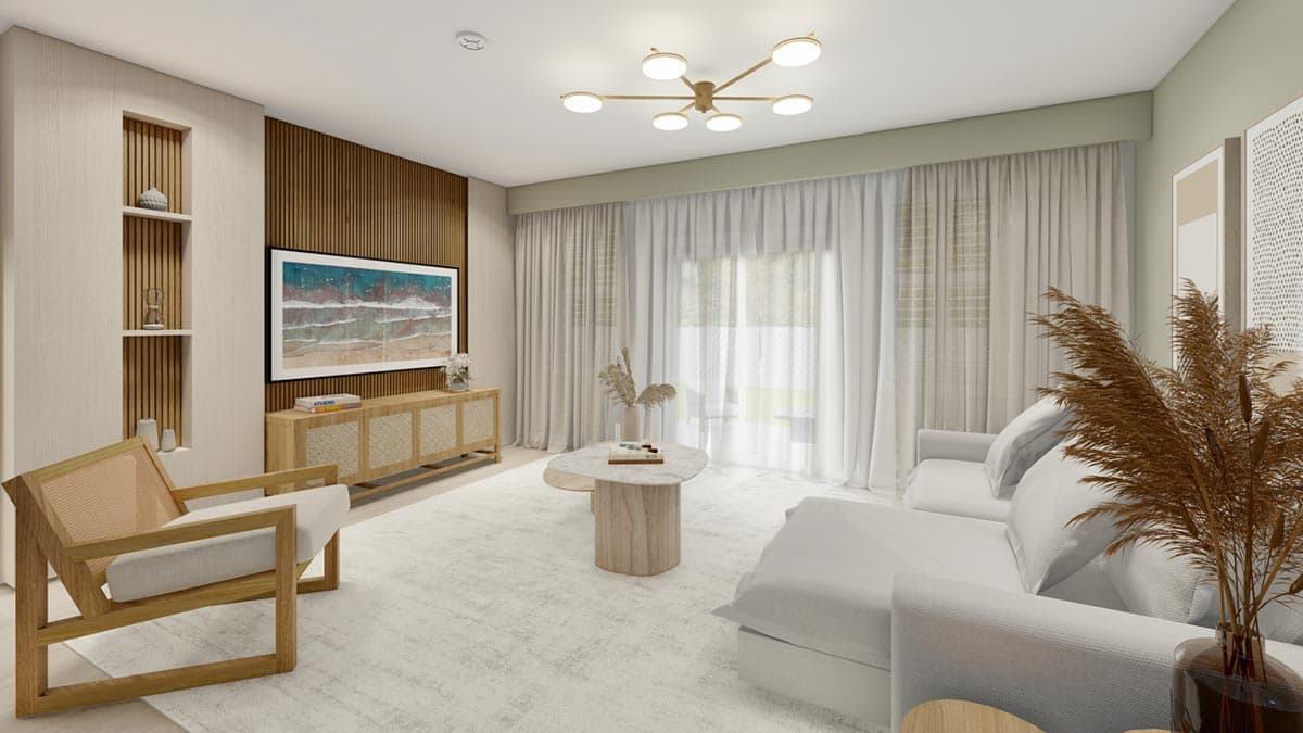 Living room interior rendering with wood slat accent wall, media console, sofa, armchair, and natural light.