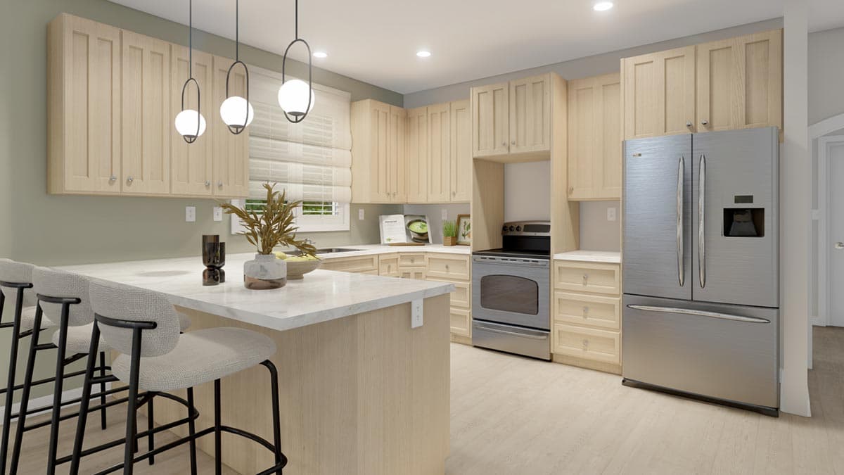 Kitchen with light wood cabinetry, marble countertops, island with seating, stainless steel appliances, and modern pendant lights.