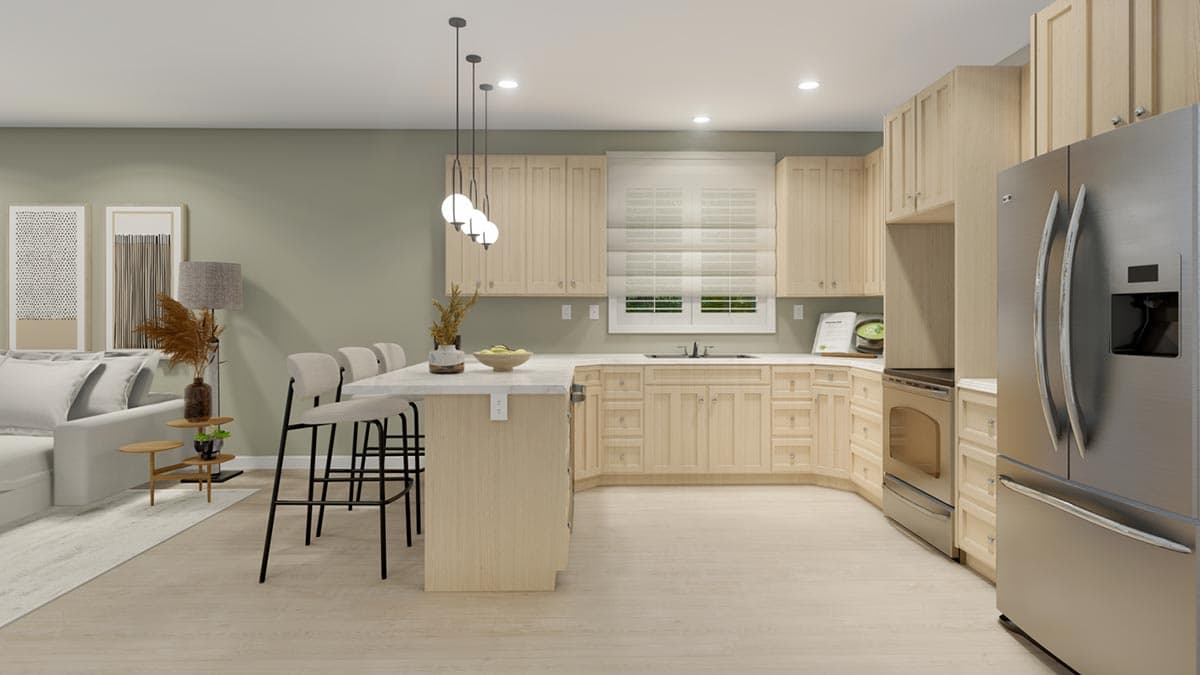 Interior rendering of a kitchen with light wood cabinets, a large island with seating, stainless steel appliances, and an adjacent living area.