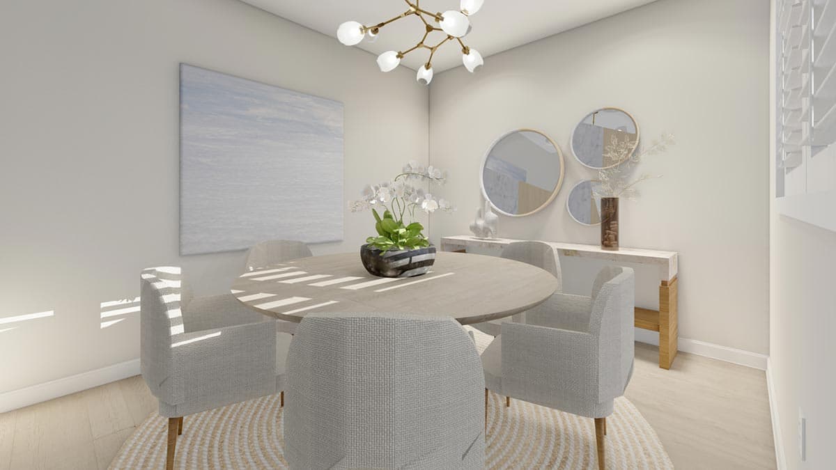 Dining room rendering with round table, chairs, modern chandelier, and abstract wall art.