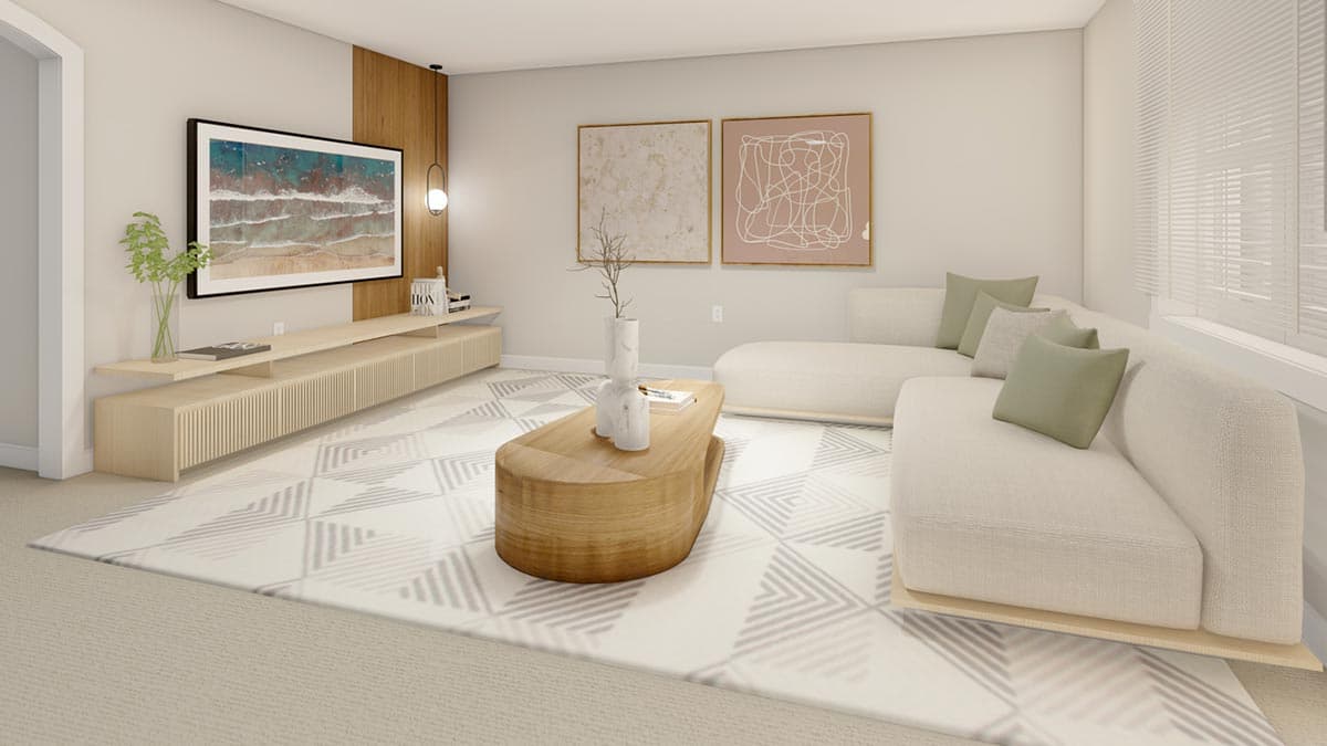 Living room with sectional sofa, wood media console, abstract art, and geometric patterned rug.