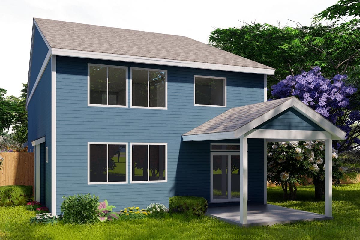 Two-story house plan exterior with blue siding, white trim, gable roof, and covered porch with support posts.