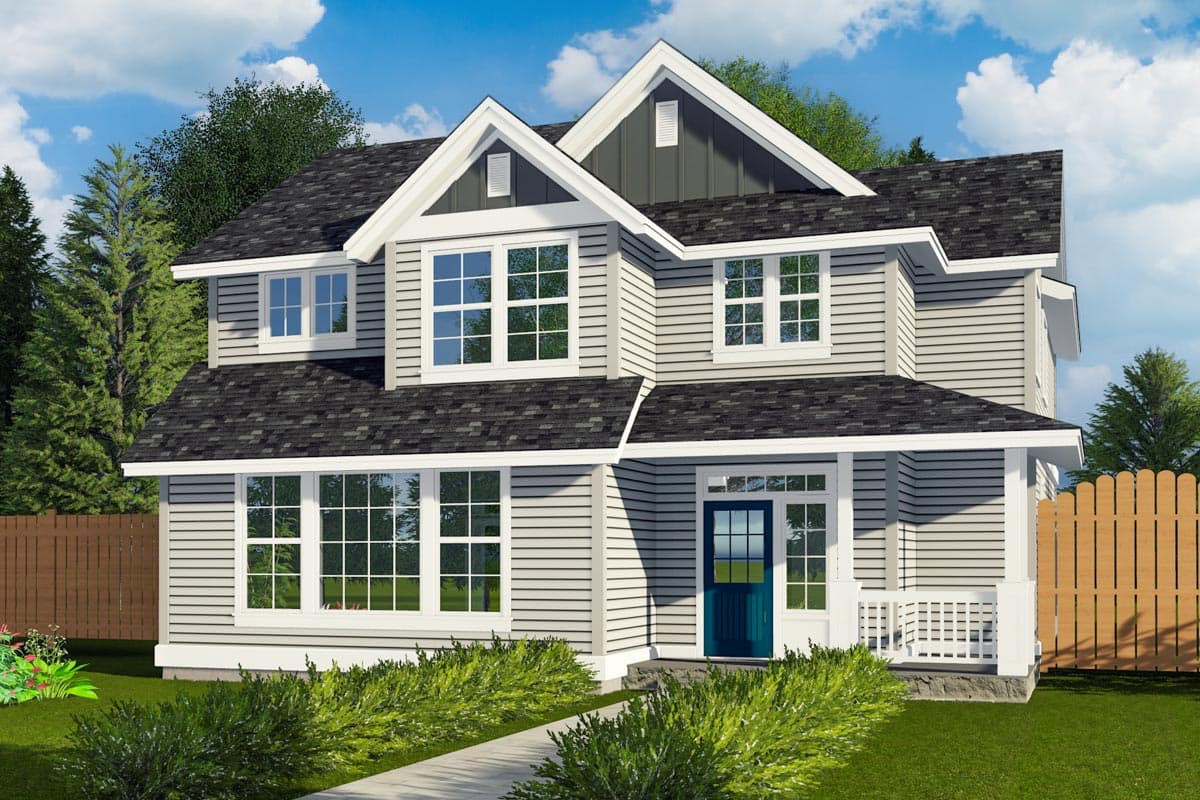 House plan exterior. Two-story Craftsman style home with front porch, gables, and multi-pane windows. Dark shingle roof.