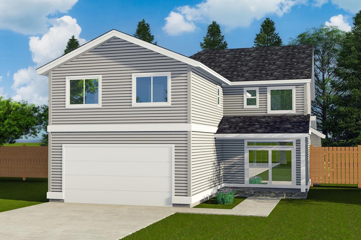 Two-story house plan exterior with vinyl siding, front-facing garage, gable roof, and prominent entrance.