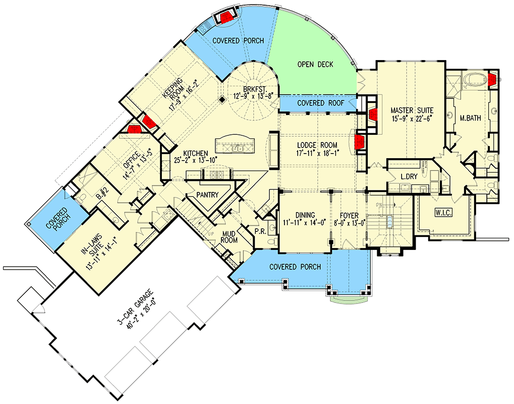 Plan 25812GE: 5,000 Square Foot Rustic Mountain Home Plan with Angled Garage - Floor Plan - Main Level - Country, Craftsman, Mountain, New American