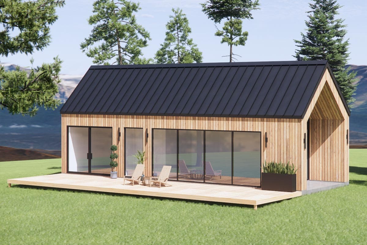 Modern house plan exterior featuring vertical wood siding, a gabled roof, large sliding glass doors, and a wraparound deck.