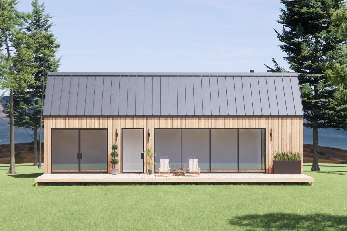 Modern house plan exterior with wood siding, standing seam metal roof, expansive glass walls, and a wrap-around deck.