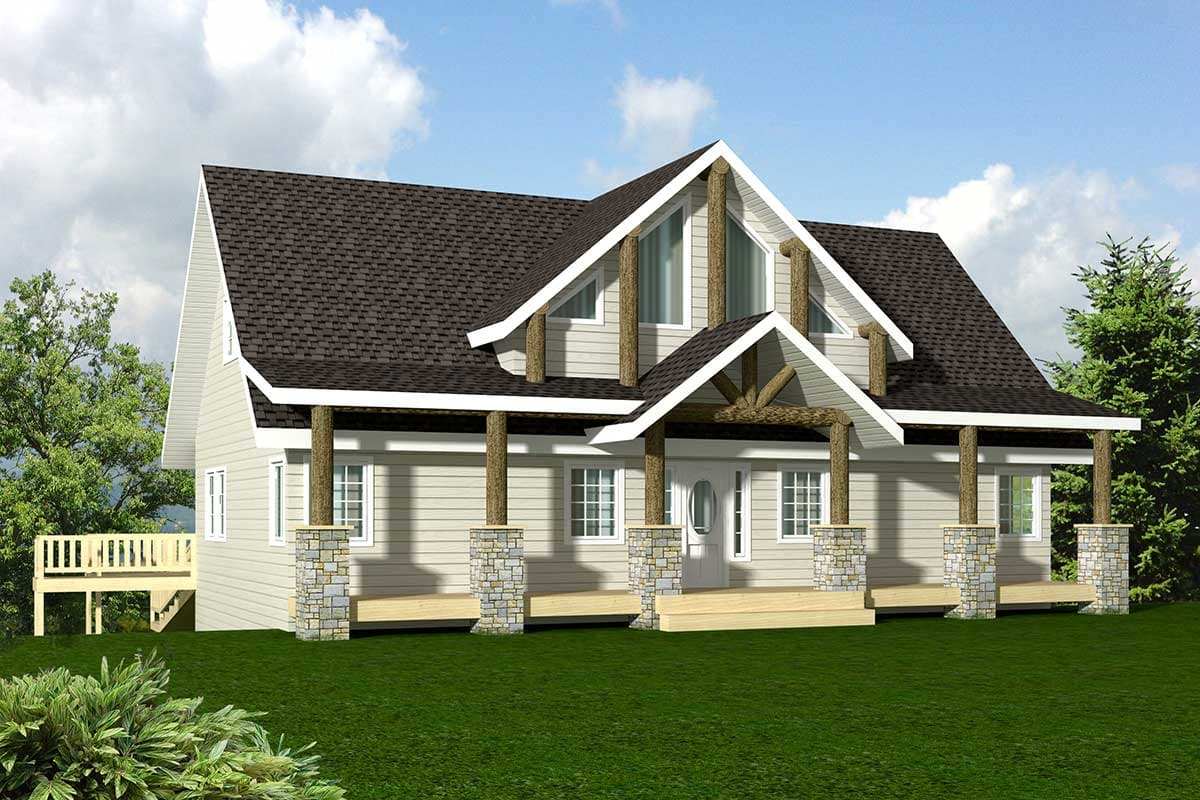 House plan exterior of a two-story home with a prominent covered porch, stone-clad columns, and exposed timber framing.