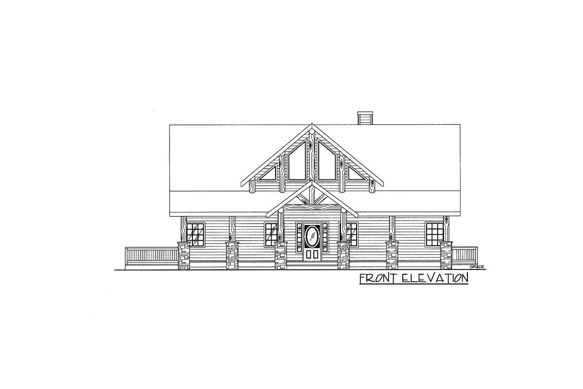 Log home front elevation drawing with covered porch, stone pillars, and large gable dormers.