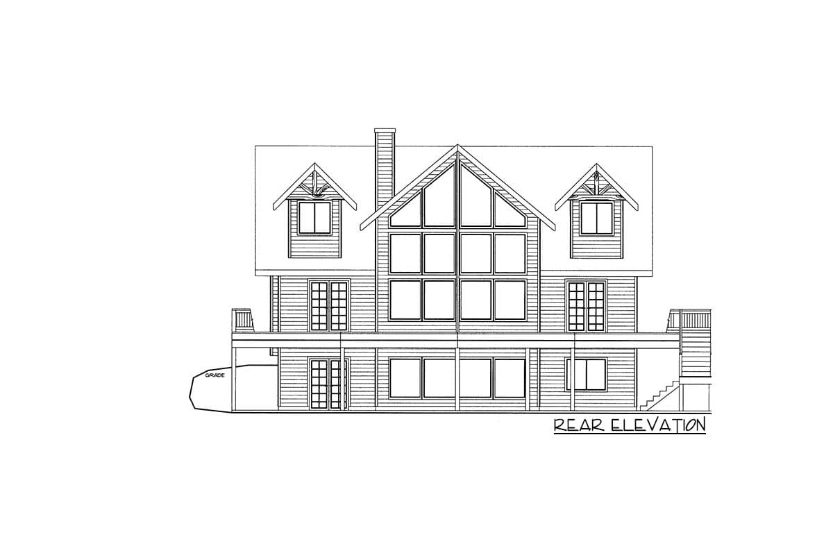 Rear elevation drawing of a two-story house plan featuring a large central window bank, gabled dormers, and a deck.