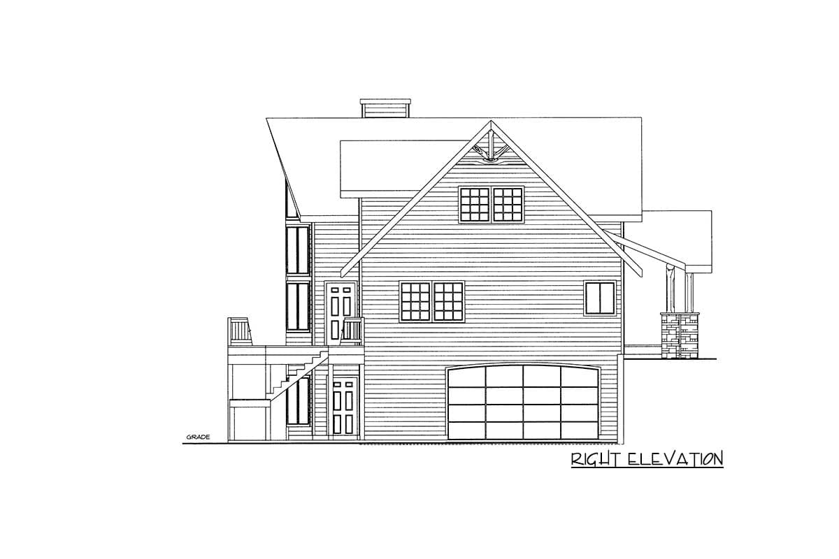 Right elevation house plan showing a two-story home with a large garage door, multiple windows, and a covered porch with stone columns.
