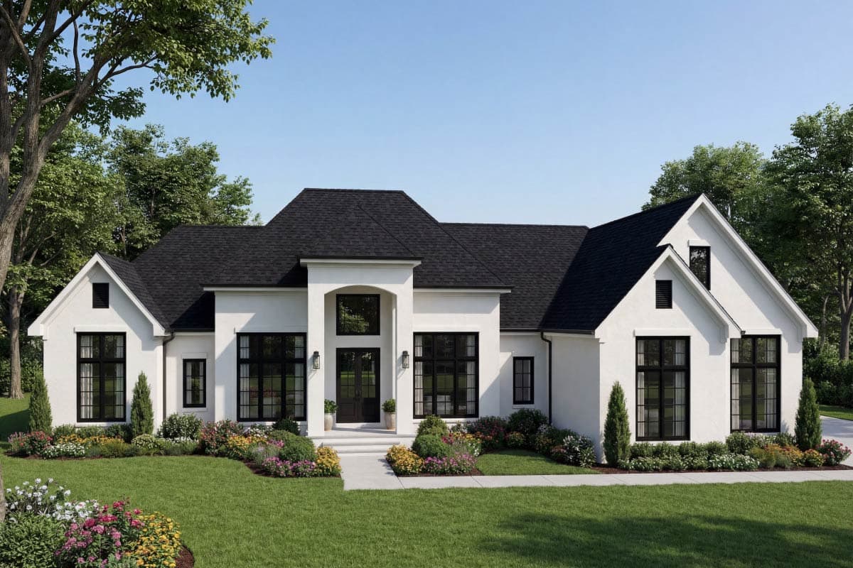 House plan exterior with stucco siding, black roof, and black-framed windows. Features include a portico, gables, and a prominent front entry.