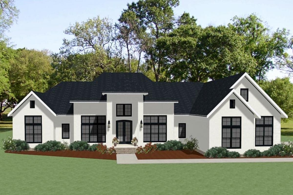 Modern house plan exterior: two-story, white stucco, black-trimmed windows, gabled dormers, and a central covered entry.