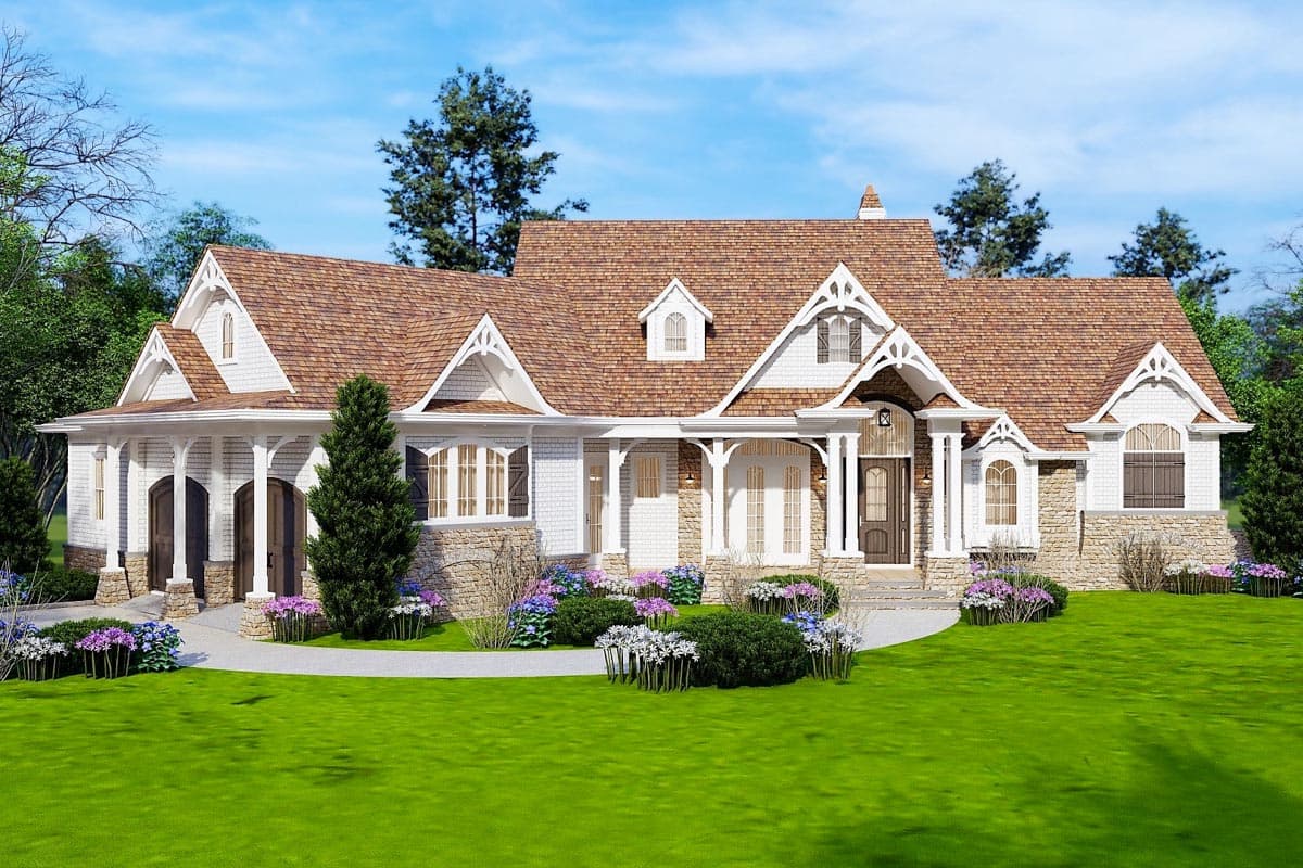 House plan exterior featuring a two-story Cottage style home. Notable features include multiple gables, a covered front porch, and a stone facade.