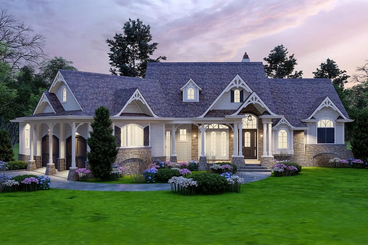 House plan exterior: Traditional style with a covered front porch, multiple gables, dormer windows, and a stone and shingle facade.