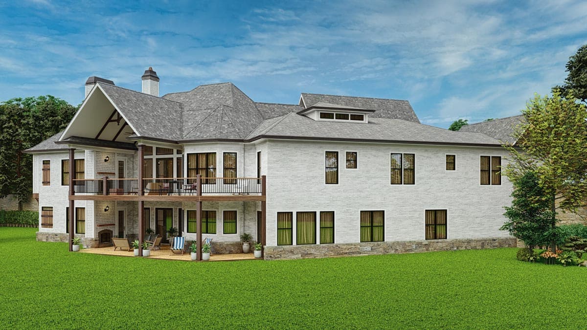 House plan exterior, two stories, white brick, covered deck, multiple gables, and dormers.